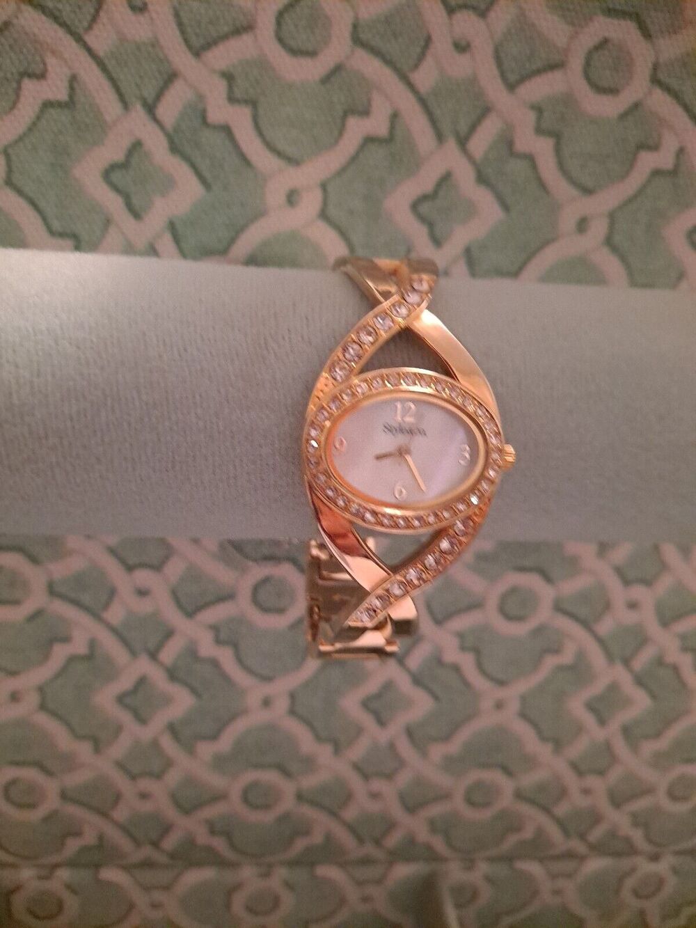 Crystal Jeweled Watch Gold tone Pearl Face Bracelet
